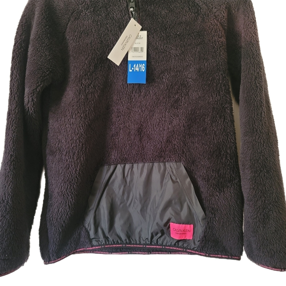 Calvin Klein Fleece Pullover Girls L Large 14/16 Black Hooded Quarter Zip - Picture 3 of 7